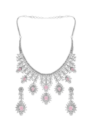 Rubans Silver Plated Pink Gemstone & AAA Cubic Zirconia Studded Floral Design Jewellery Set