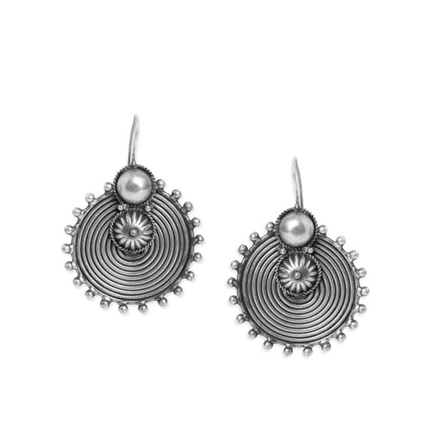 Rubans Oxidised Silver Toned Circular Drop Earrings