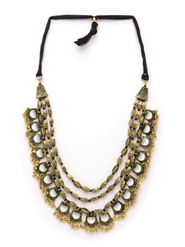 Rubans Dual Tone in Silver and Gold, Mirror Detailing with Gold Beads Multilayer Necklace