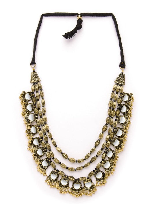Rubans Dual Tone in Silver and Gold, Mirror Detailing with Gold Beads Multilayer Necklace