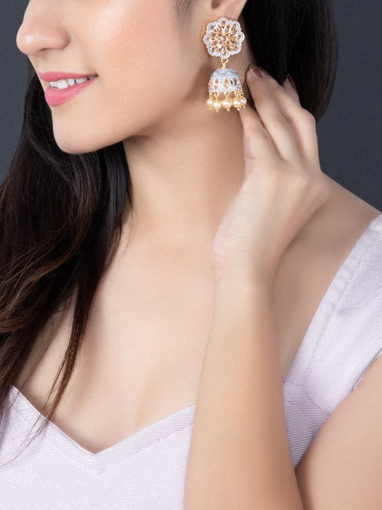 Rubans Gold Plated Grey Enamel AD Studded Pastel Statement Jhumka Earrings
