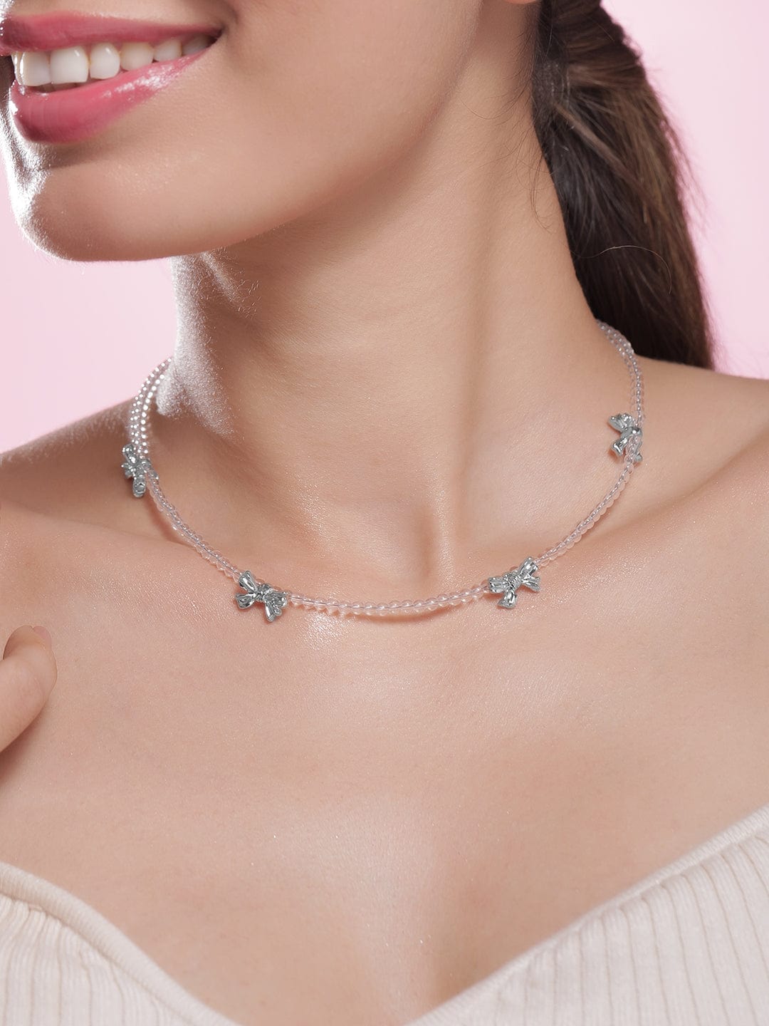 Delicate Dual-Strand Crystal Bead Necklace with Silver-Plated Bow Charms Necklace and Chains