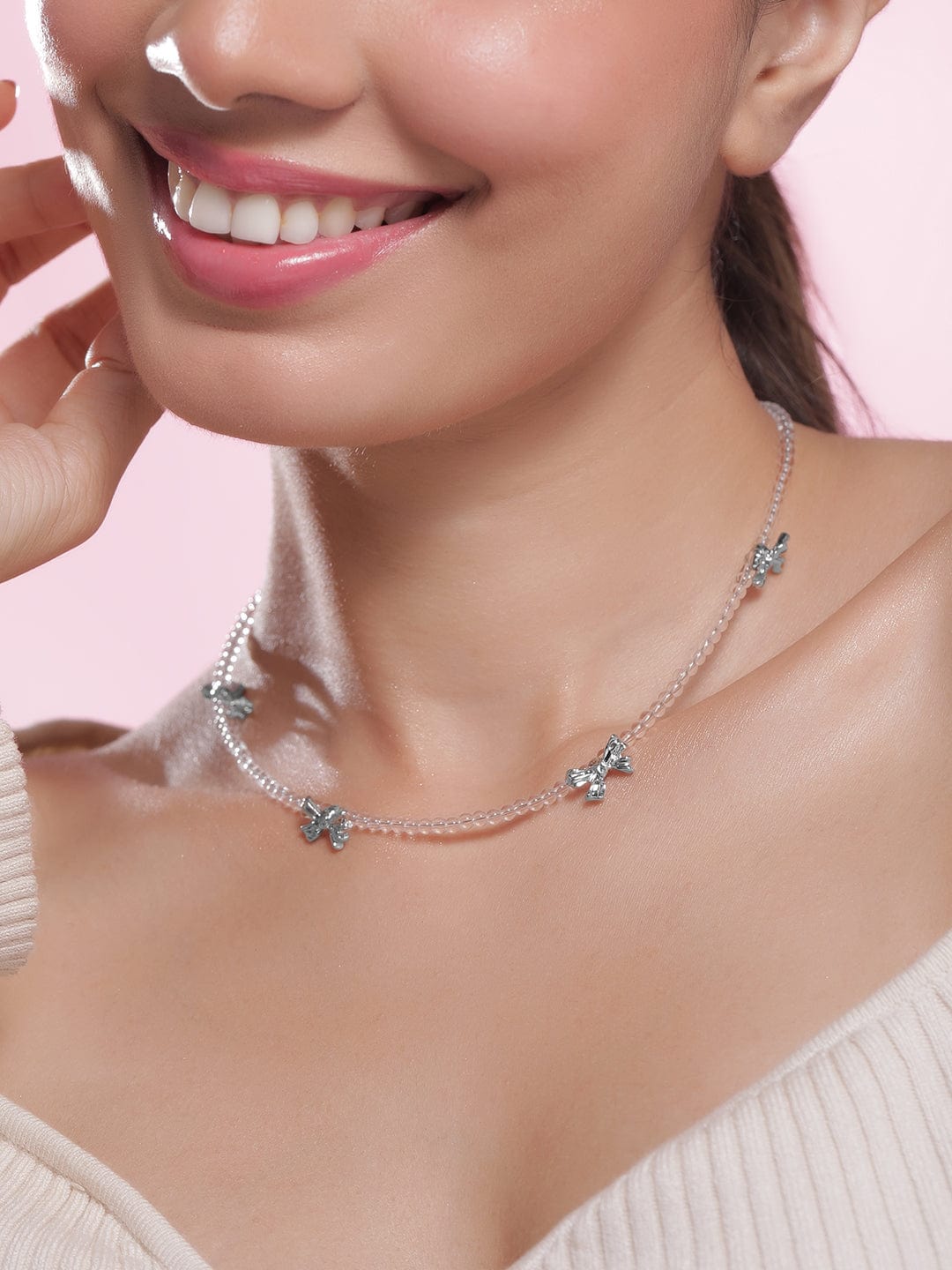 Delicate Dual-Strand Crystal Bead Necklace with Silver-Plated Bow Charms Necklace and Chains