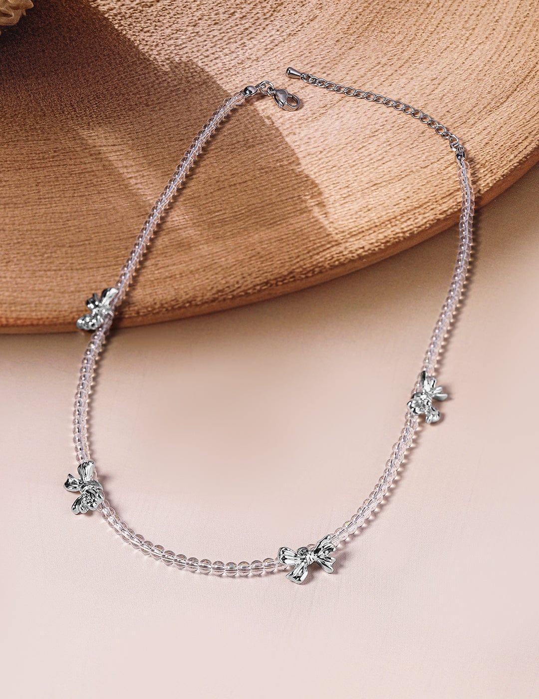 Delicate Dual-Strand Crystal Bead Necklace with Silver-Plated Bow Charms Necklace and Chains