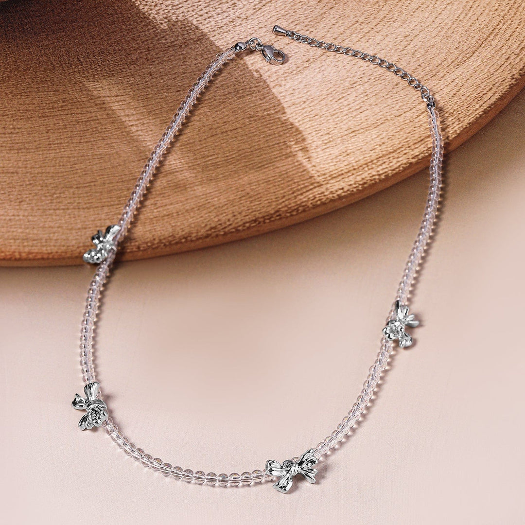 Delicate Dual-Strand Crystal Bead Necklace with Silver-Plated Bow Charms Necklace and Chains