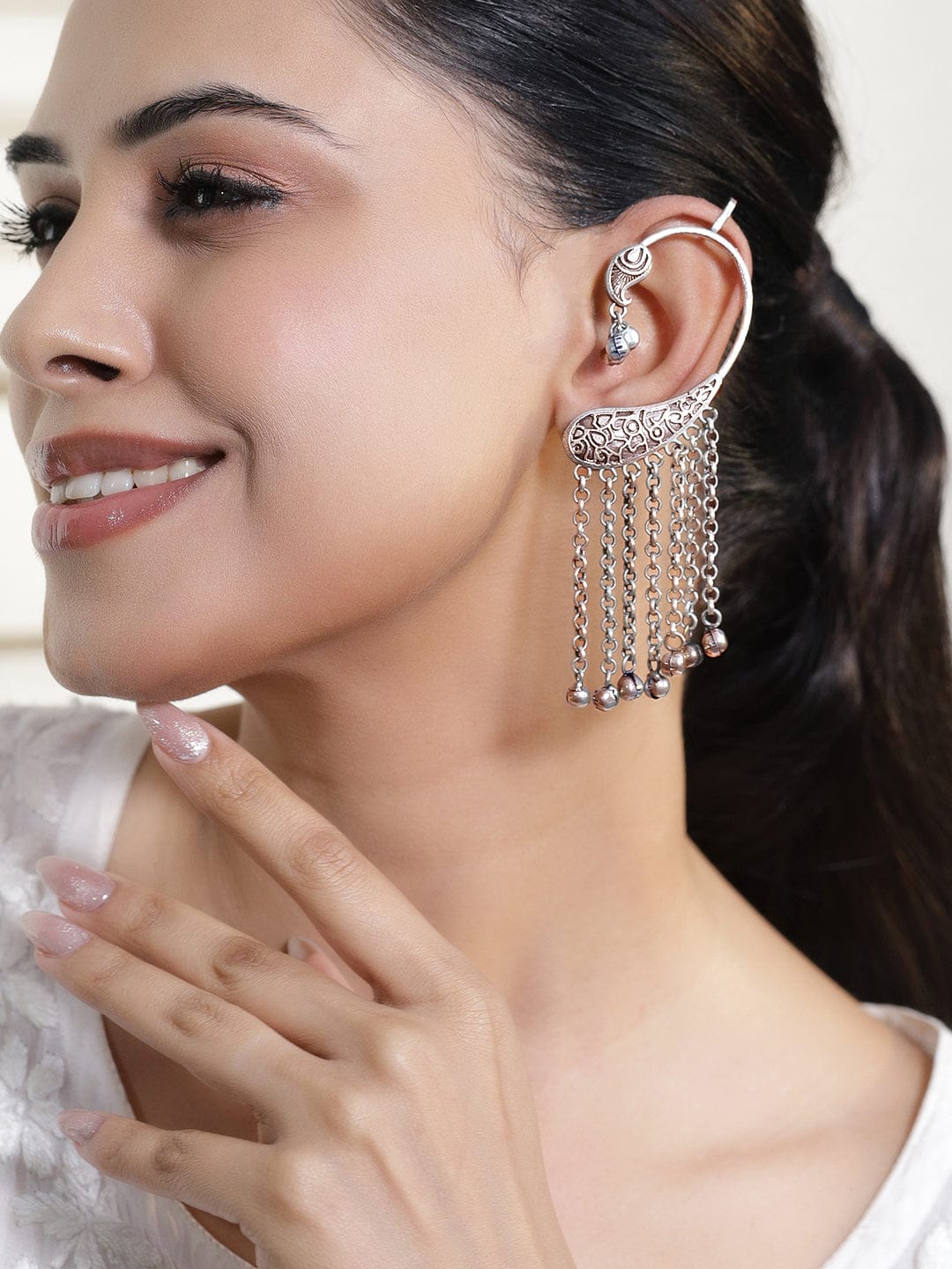 Designer Edge Paisley Earcuff with Ghungroo Chain Earrings
