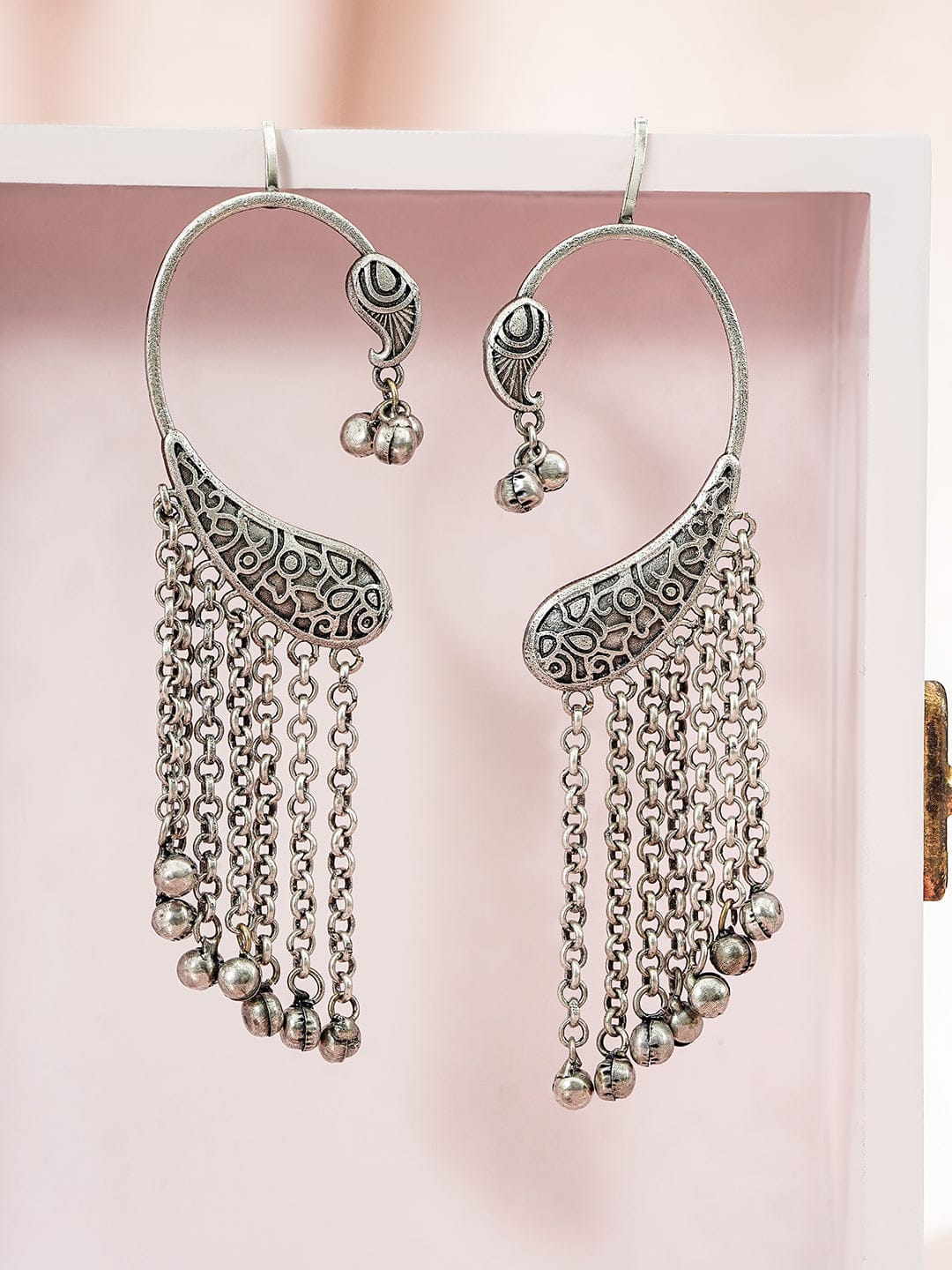 Designer Edge Paisley Earcuff with Ghungroo Chain Earrings