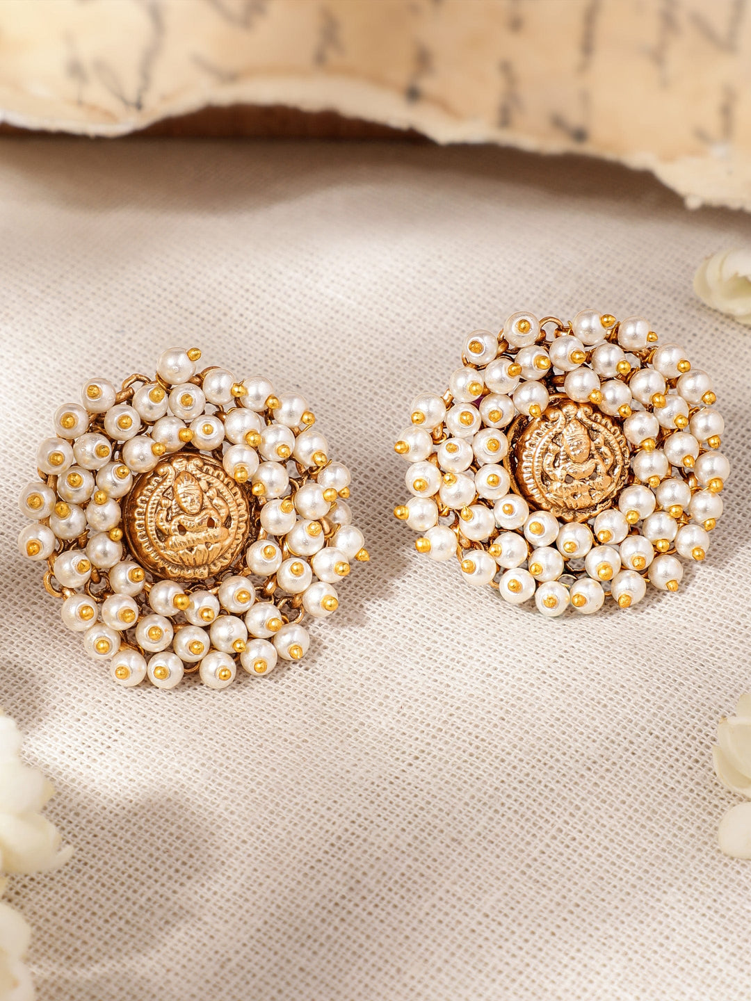 Divine Radiance 22K Gold-Plated Pearl Beaded Temple Stud Earrings Earrings