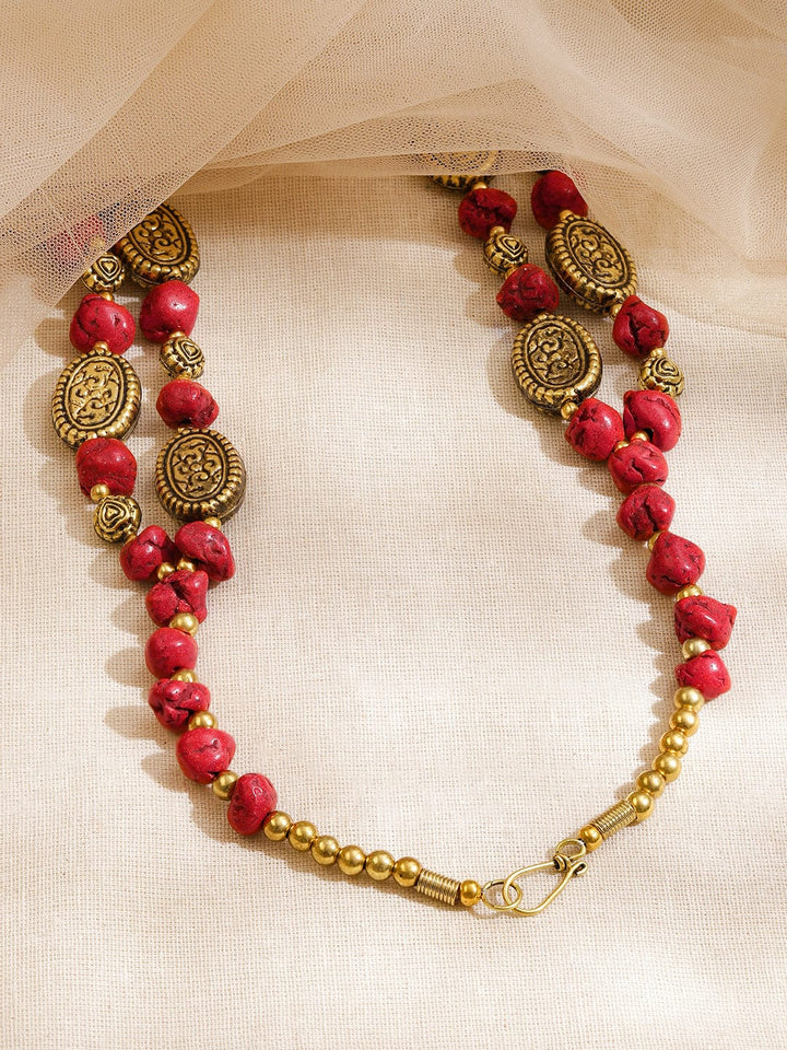 Divine Red Beaded Gold Plated Layered Necklace Necklace & Chains