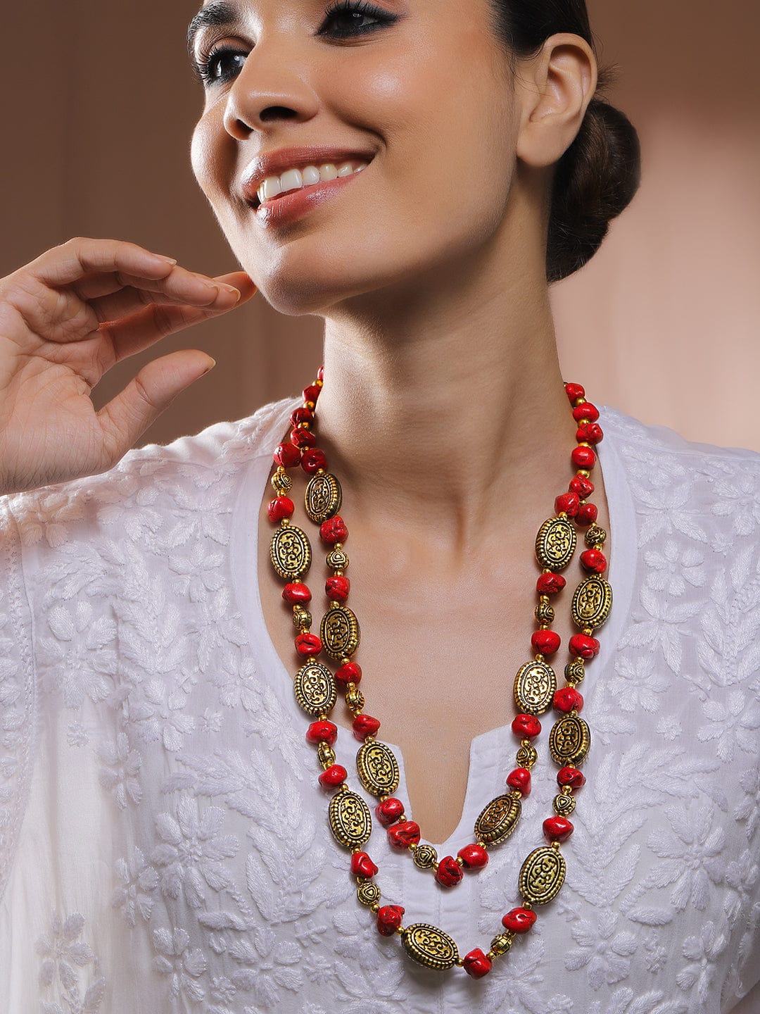 Divine Red Beaded Gold Plated Layered Necklace Necklace & Chains
