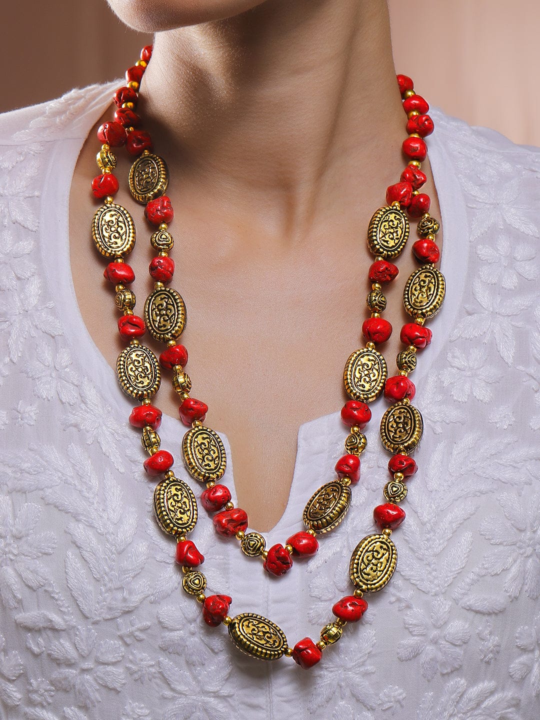 Divine Red Beaded Gold Plated Layered Necklace Necklace & Chains