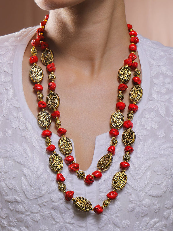 Divine Red Beaded Gold Plated Layered Necklace Necklace & Chains