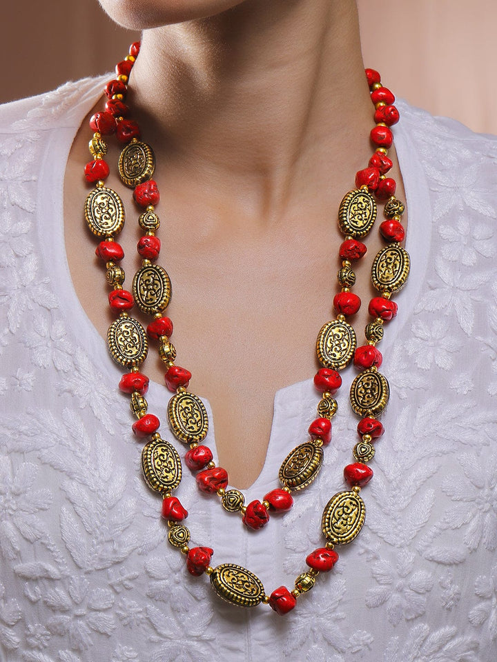 Divine Red Beaded Gold Plated Layered Necklace Necklace & Chains