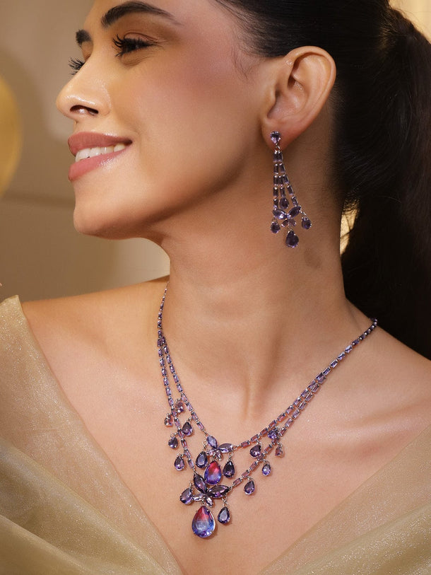 Double Layer Purple Crystal Teardrop Necklace Set Jewellery Set