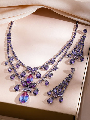 Double Layer Purple Crystal Teardrop Necklace Set Jewellery Set