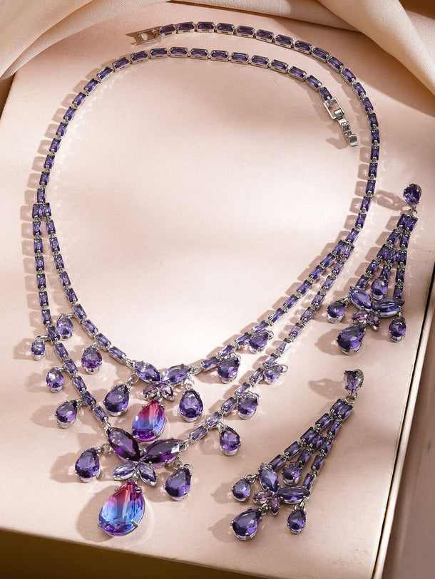 Double Layer Purple Crystal Teardrop Necklace Set Jewellery Set