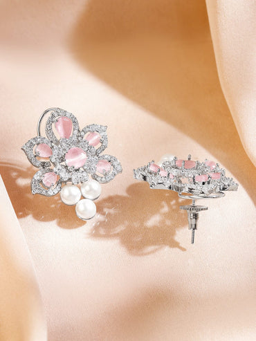 Dreamy Pink American Diamond Zirconia & Pearls Studs Earrings