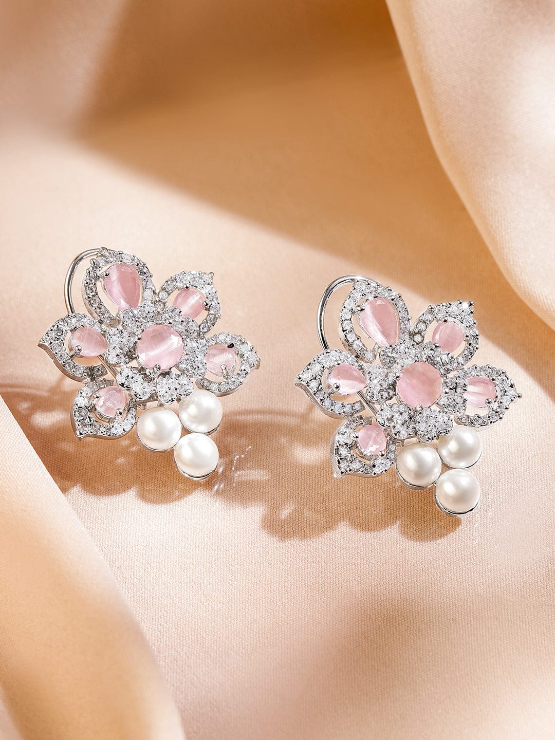 Dreamy Pink American Diamond Zirconia & Pearls Studs Earrings