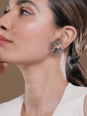 Dual Plating Gold & Silver Floral Design Stud Earrings Studs