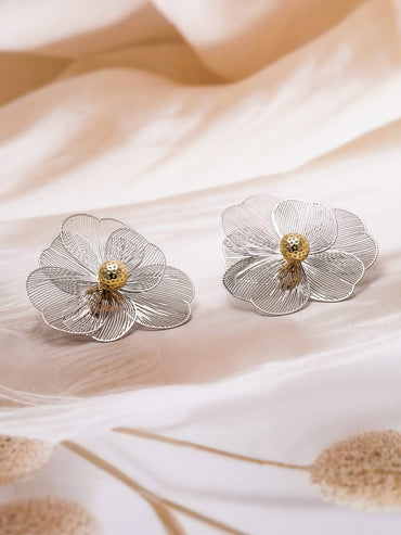 Dual Plating Gold & Silver Floral Design Stud Earrings Studs