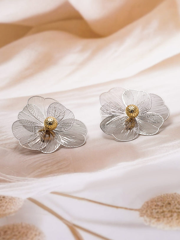 Dual Plating Gold & Silver Floral Design Stud Earrings Studs