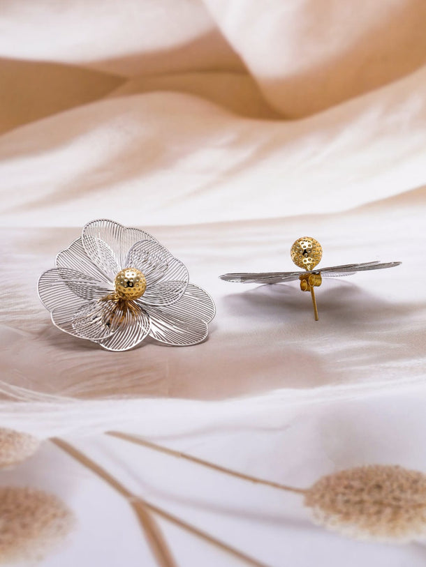 Dual Plating Gold & Silver Floral Design Stud Earrings Studs