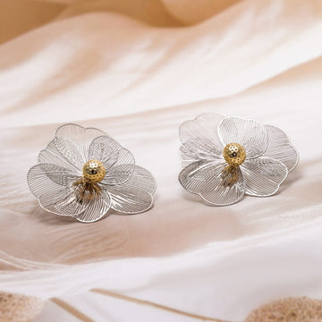 Dual Plating Gold & Silver Floral Design Stud Earrings Studs
