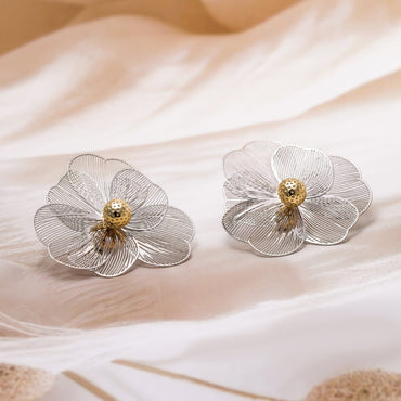 Dual Plating Gold & Silver Floral Design Stud Earrings Studs