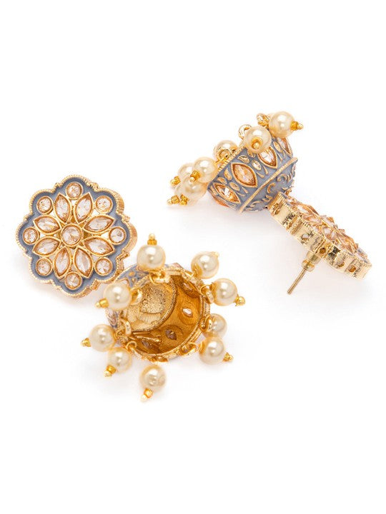 Rubans Gold Plated Grey Enamel AD Studded Pastel Statement Jhumka Earrings