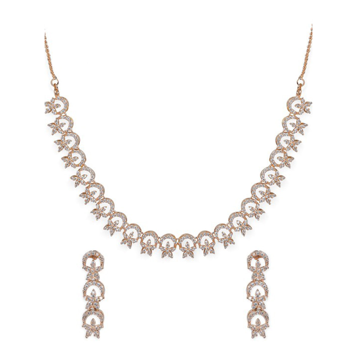 Rubans Contemporary Rose Gold Toned Necklace Set in CZ Stone