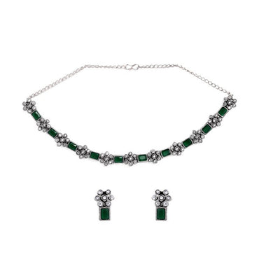 Rubans Oxidised Silver Plated Handcrafted Green Stone Floral Necklace Set