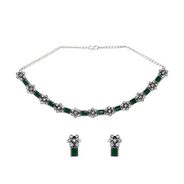 Rubans Oxidised Silver Plated Handcrafted Green Stone Floral Necklace Set