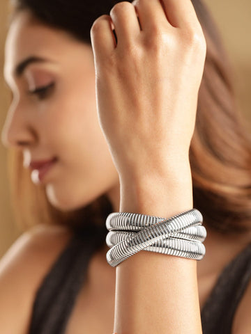 Elegant Rhodium-Plated Triple Strand Bracelet - Timeless Radiance for Every Look Bangles & Bracelets
