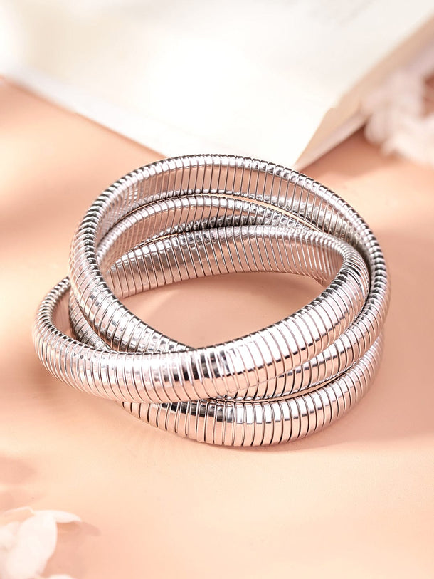 Elegant Rhodium-Plated Triple Strand Bracelet - Timeless Radiance for Every Look Bangles & Bracelets