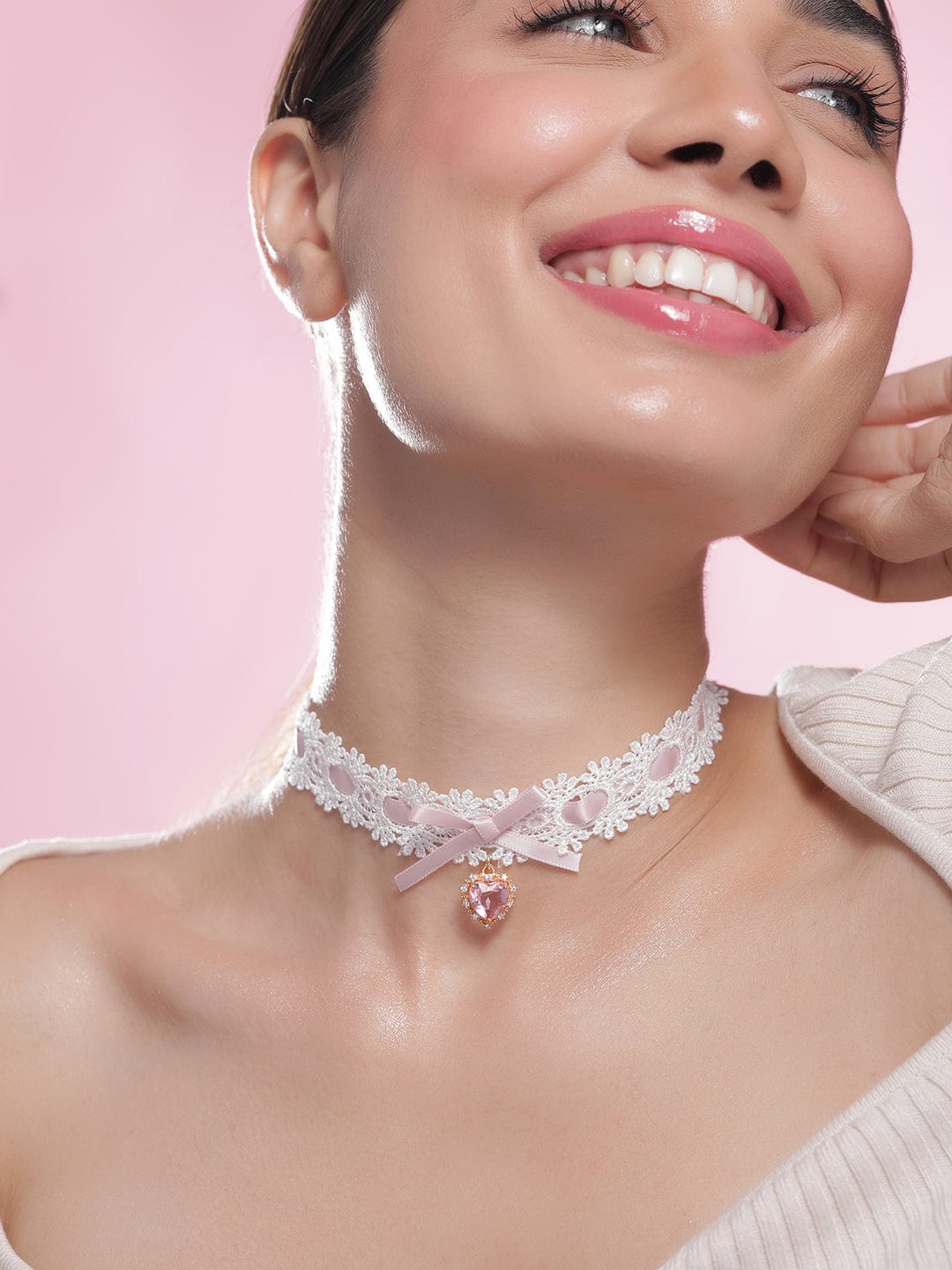 Elegant White Lace Choker with Pink Heart Crystal Pendant and Bow Accent Necklace and Chains