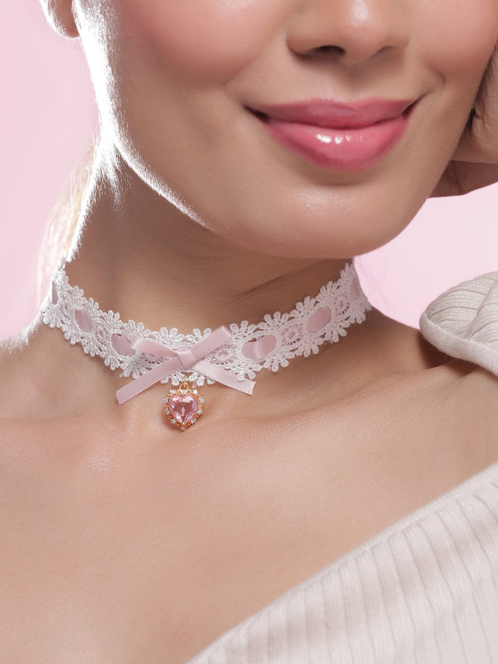 Elegant White Lace Choker with Pink Heart Crystal Pendant and Bow Accent Necklace and Chains