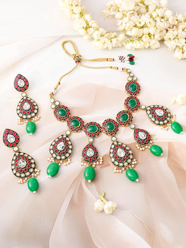 Elite Garden Pink-Green Kundan Necklace Set Jewellery Set