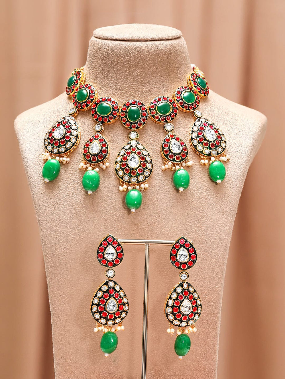 Elite Garden Pink-Green Kundan Necklace Set Jewellery Set