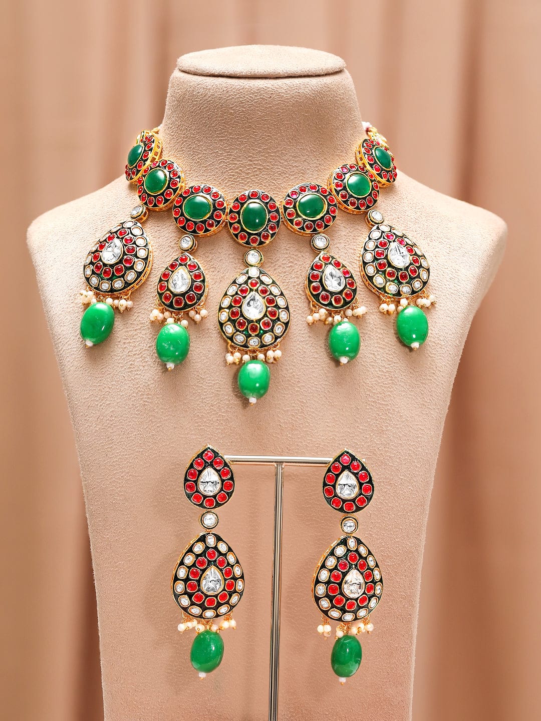 Elite Garden Pink-Green Kundan Necklace Set Jewellery Set