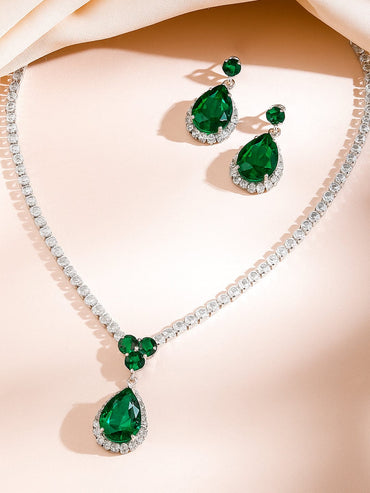 Emerald American Diamond Zirconia Teardrop Necklace Set Jewellery Set