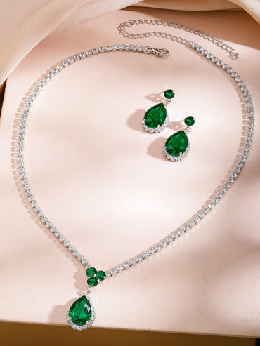 Emerald American Diamond Zirconia Teardrop Necklace Set Jewellery Set