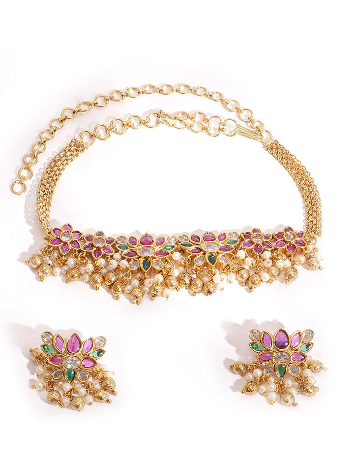 Exquisite 22K Gold Plated Kemp Crystal pearl beaded Floral choker Jewelry Set Jewellery Sets