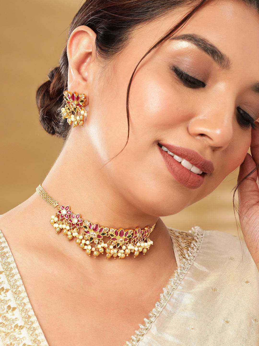 Exquisite 22K Gold Plated Kemp Crystal pearl beaded Floral choker Jewelry Set Jewellery Sets