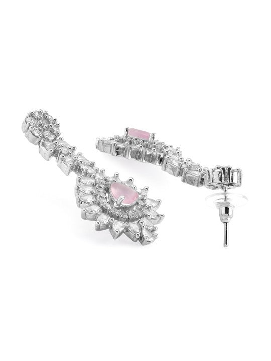 Rubans Silver Plated Pink Gemstone & AAA Cubic Zirconia Studded Floral Design Jewellery Set