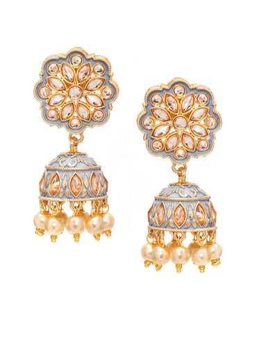 Rubans Gold Plated Grey Enamel AD Studded Pastel Statement Jhumka Earrings