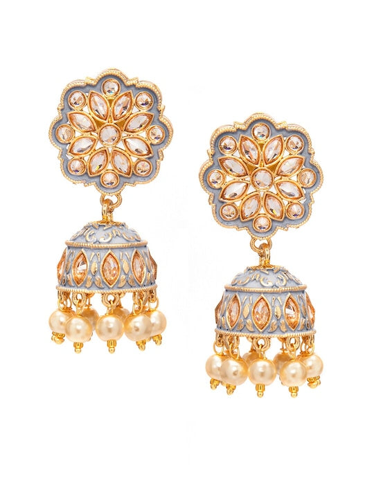 Rubans Gold Plated Grey Enamel AD Studded Pastel Statement Jhumka Earrings