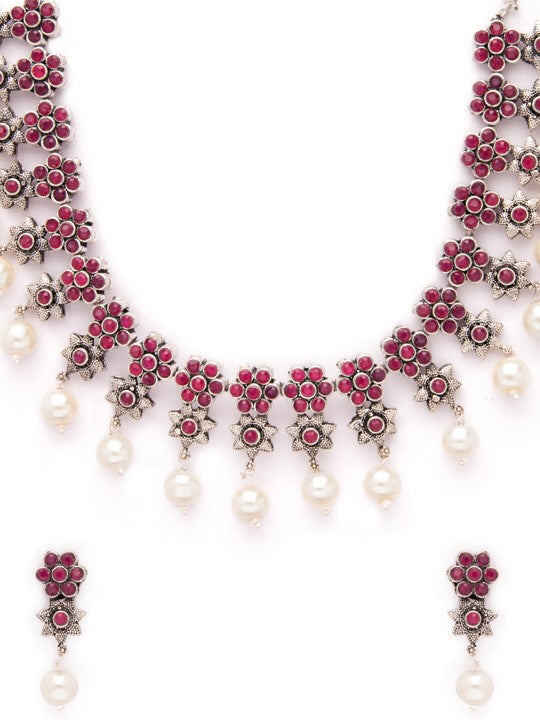 Rubans Oxidised Silver Plated Embellished With Faux Ruby Floral Necklace Set