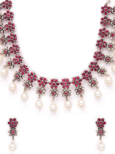 Rubans Oxidised Silver Plated Embellished With Faux Ruby Floral Necklace Set