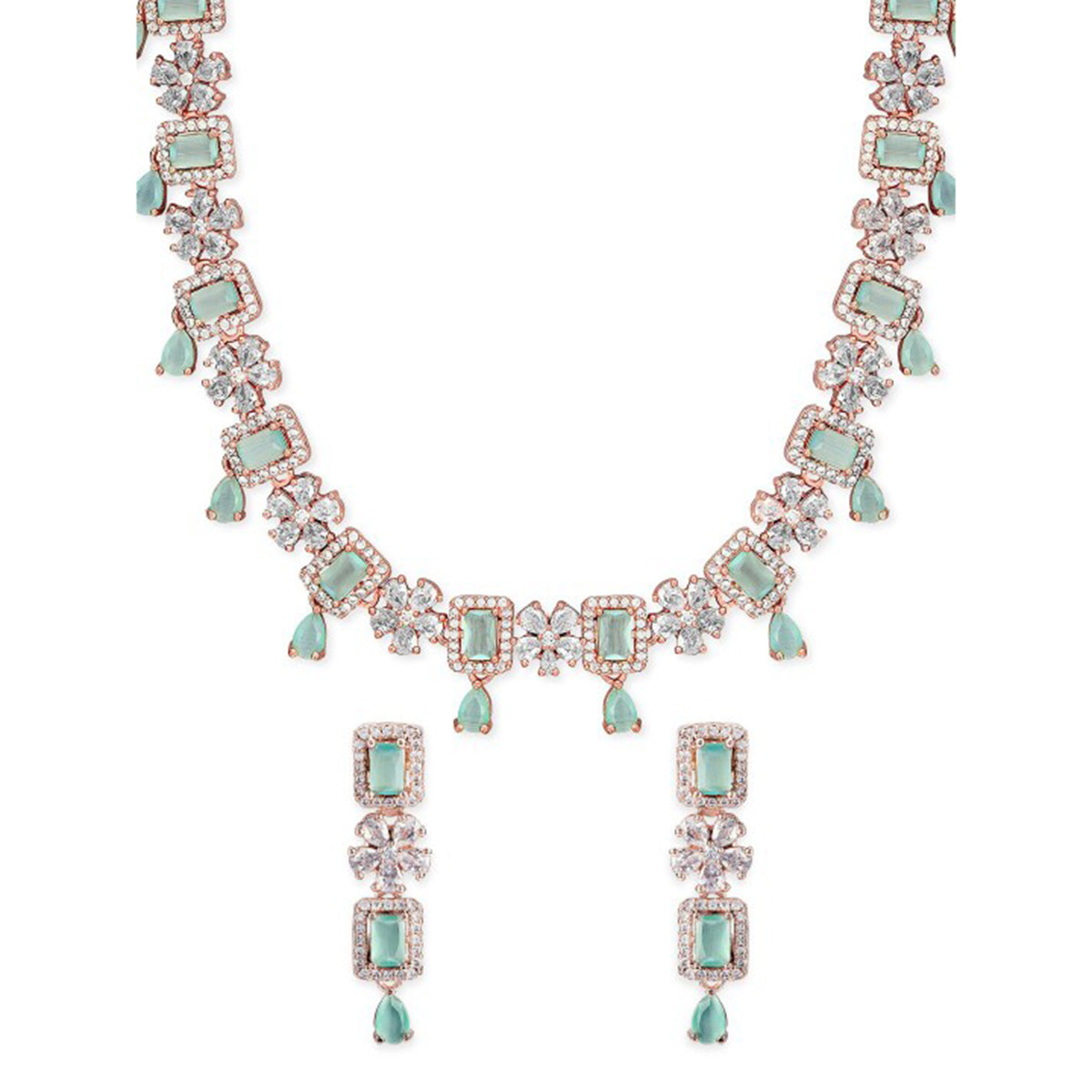 Rubans 22K Rose Gold Plated Mint Green Sapphire & Cubic Zirconia Studded Jewelry Set Design