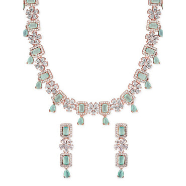 Rubans 22K Rose Gold Plated Mint Green Sapphire & Cubic Zirconia Studded Jewelry Set Design
